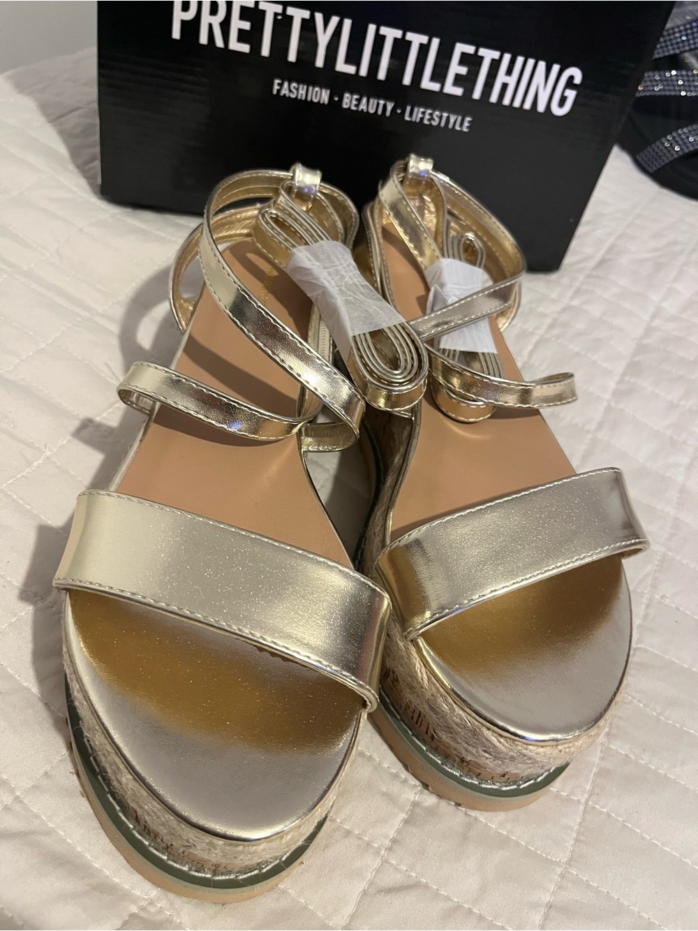 PrettyLittleThing Metallic Gold Strappy Platform Sandals